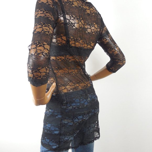 HARLEY DAVIDSON Top M Long Black Lace Tunic Shirt Skull Logo Sheer 3/4 Sleeves - Picture 10 of 14